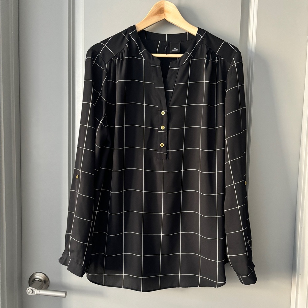 Black/White Striped Blouse with Gold Buttons